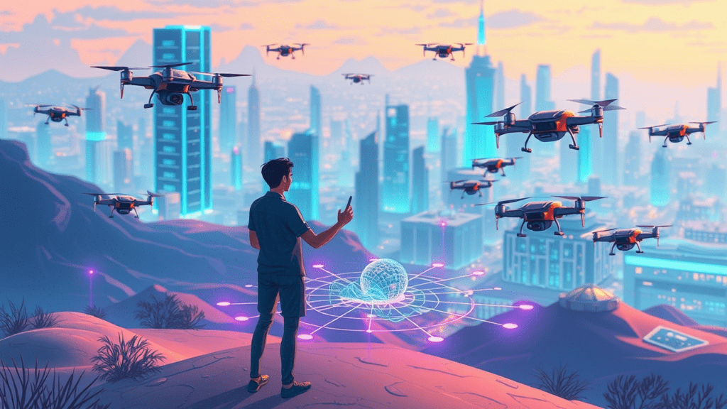 Persona interactuando con un holograma de inteligencia artificial en una ciudad futurista iluminada con luces de neón.